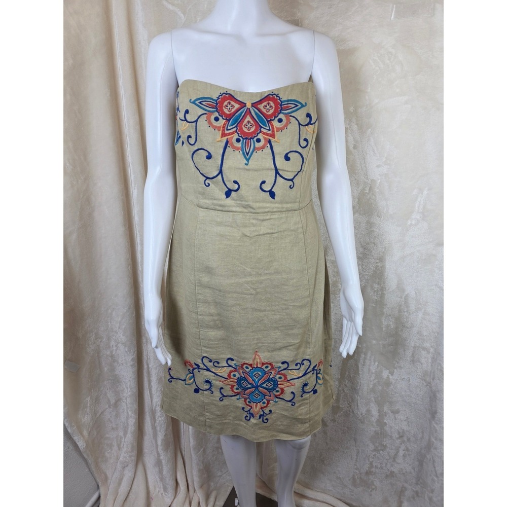 Banana Republic Strapless Embroidered Linen Dress Tan‎ Floral Size 8 Boho Sheath